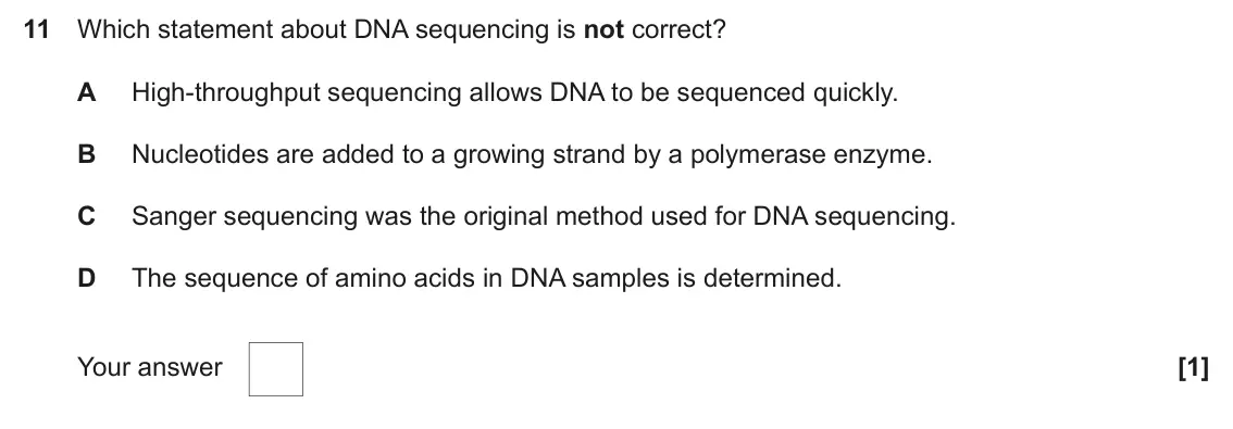 June 2025 Paper 2, question 11: Which statement about DNA sequencing is not correct? A High-throughput sequencing allows DNA to be sequenced quickly. B Nucleotides are added to a growing stran