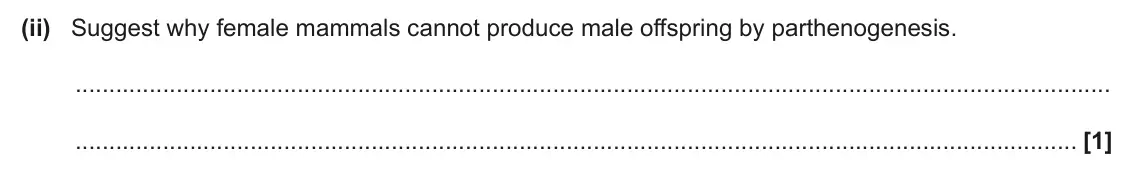 June 2025 Paper 2, question 17(b)(ii): Suggest why female mammals cannot produce male offspring by parthenogenesis. [1]