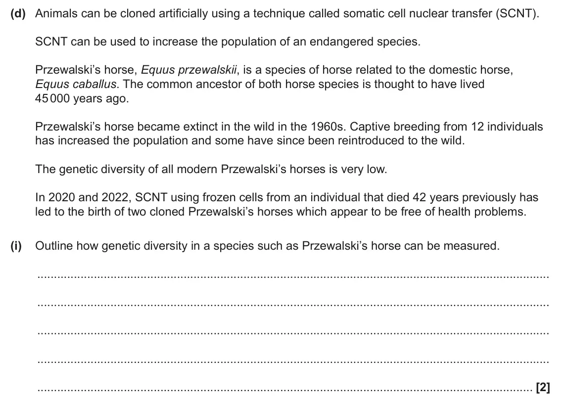 June 2025 Paper 2, question 17(d)(i): Outline how genetic diversity in a species such as Przewalski’s horse can be measured. [2]