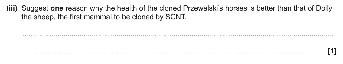 June 2025 Paper 2, question 17(d)(iii): Suggest one reason why the health of the cloned Przewalski’s horses is better than that of Dolly the sheep, the first mammal to be cloned by SCNT. [1]