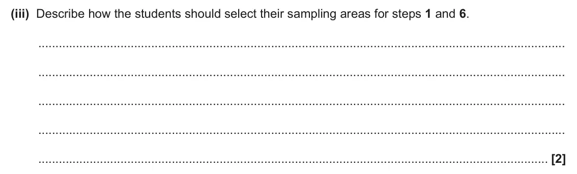 June 2025 Paper 2, question 18(c)(iii): Describe how the students should select their sampling areas for steps 1 and 6. [2]