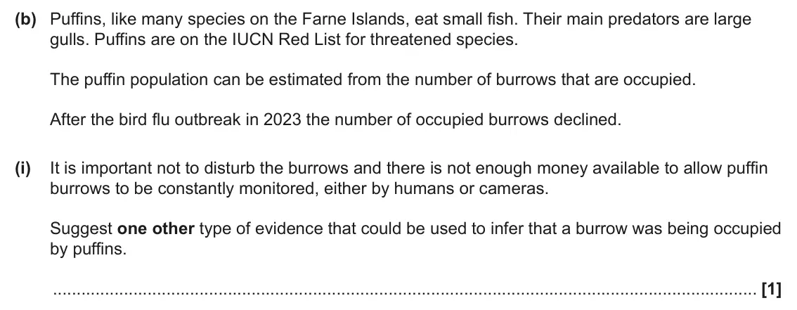 June 2025 Paper 2, question 19(b)(i): It is important not to disturb the burrows and there is not enough money avai