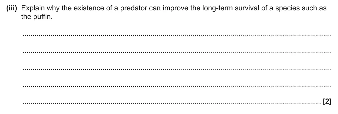 June 2025 Paper 2, question 19(b)(iii): Explain why the existence of a predator can improve the long-term survival of a species such as the puffin. [2]
