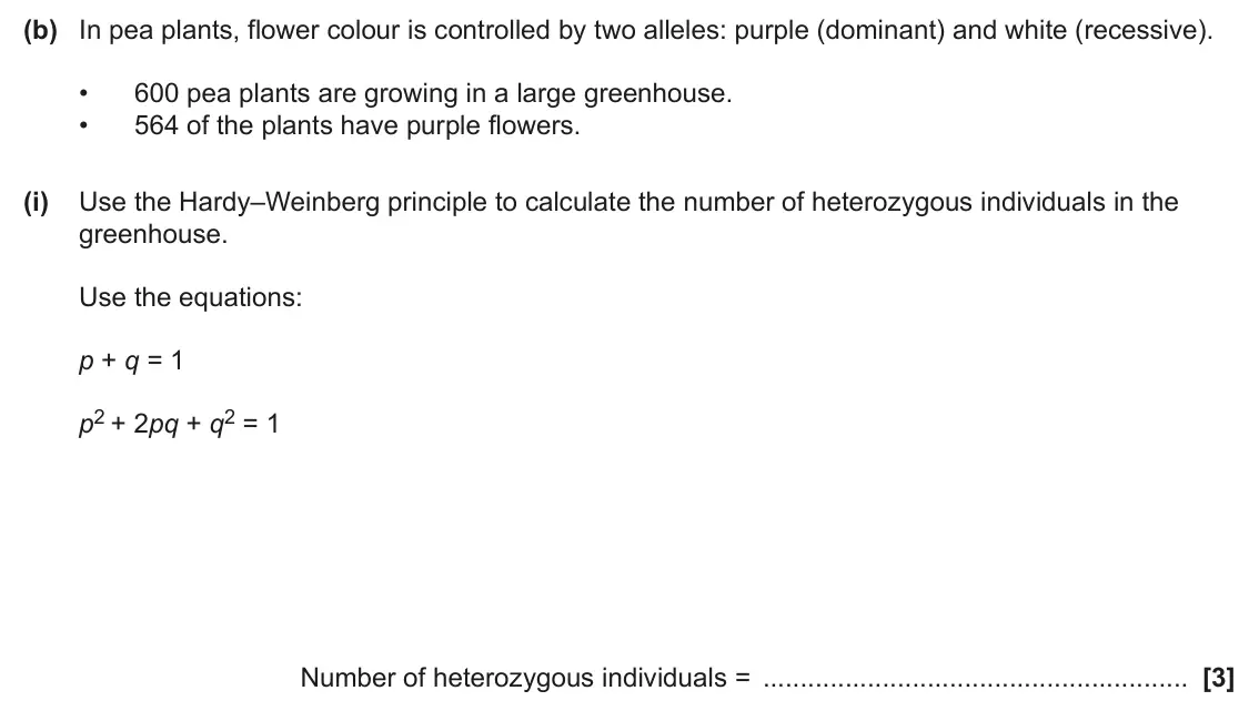 June 2025 Paper 2, question 20(b)(i): Use the Hardy–Weinberg principle to calculate the number of heterozygous individuals in the greenhouse. Use the equations: p + q = 1 p2 + 2pq + q2 = 1 Number of