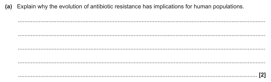 June 2025 Paper 2, question 21(a): Explain why the evolution of antibiotic resistance has implications for human populations. [2]