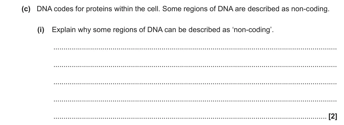 November 2021 Paper 2, question 16(c)(i): Explain why some regions of DNA can be described as ‘non-coding’. [2]