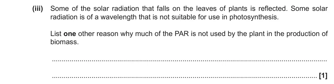 November 2021 Paper 2, question 17(a)(iii): Some of the solar radiation that falls on the leaves of plants is reflected. Some solar radiation is of a wavelength that is not suitable for use in photosynthe