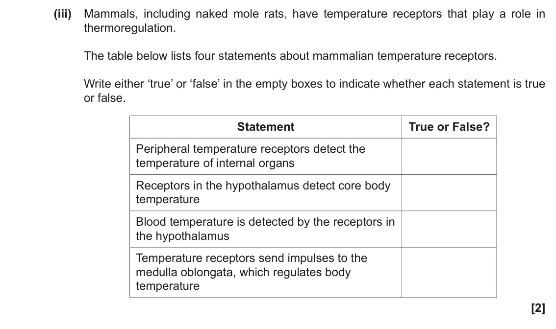 June 2019 Paper 3, question 2(a)(iii): Mammals, including naked mole rats, have temperature receptors that play a role in thermoregulation. The table below lists four statements about mammalian tempe