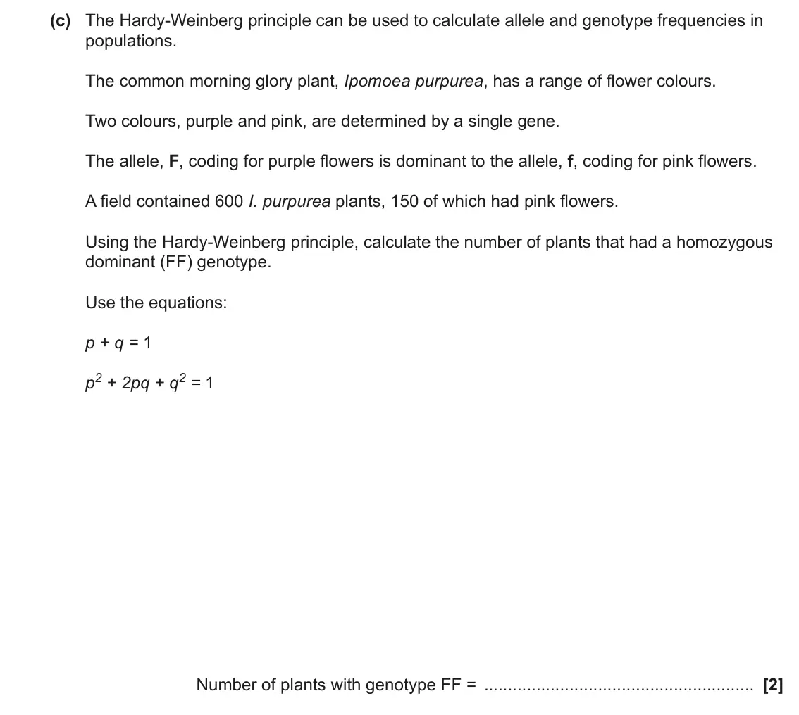 June 2022 Paper 3, question 5(c): The Hardy-Weinberg principle can be used to calculate allele and genotype frequencies in populations. The common morning glory plant, Ipomoea purpurea, has a ra