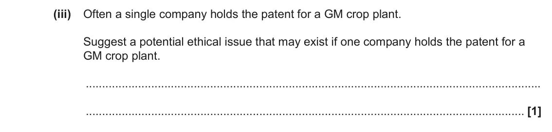 June 2023 Paper 3, question 3(a)(iii): Often a single company holds the patent for a GM crop plant. Suggest a potential ethical issue that may exist if one company holds the patent for a GM crop plan