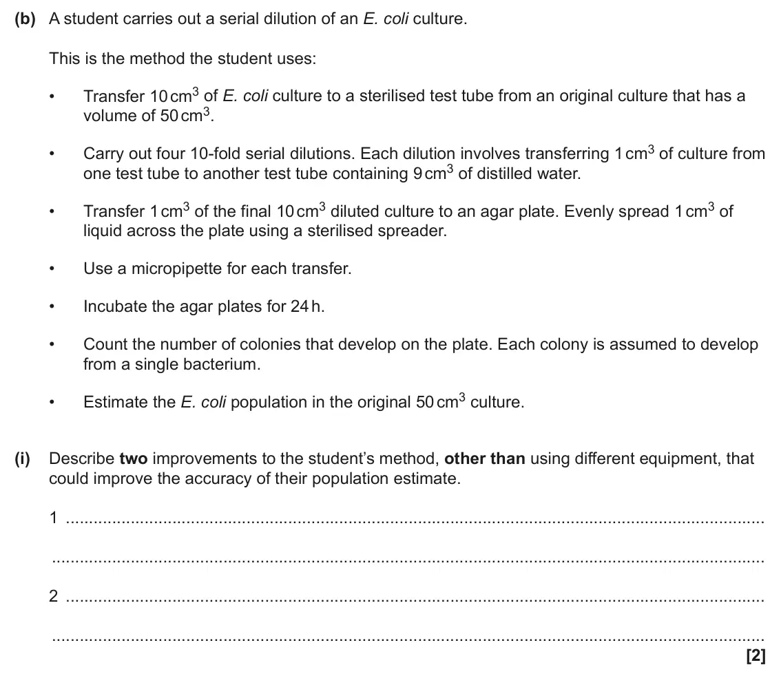June 2024 Paper 3, question 1(b)(i): Describe two improvements to the student’s method, other than using different equipment, that could improve the accuracy of their population estimate. 1 2 [2]