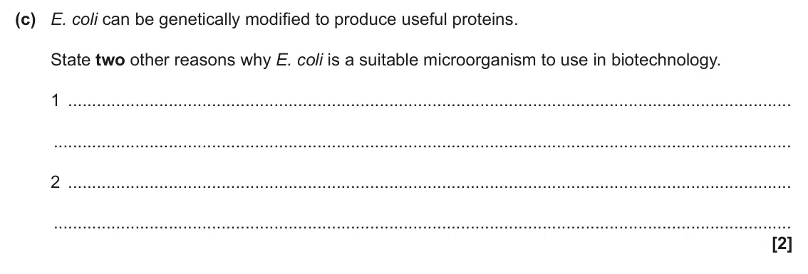 June 2024 Paper 3, question 1(c): E. coli can be genetically modified to produce useful proteins. State two other reasons why E. coli is a suitable microorganism to use in biotechnology. 1 2 [2]