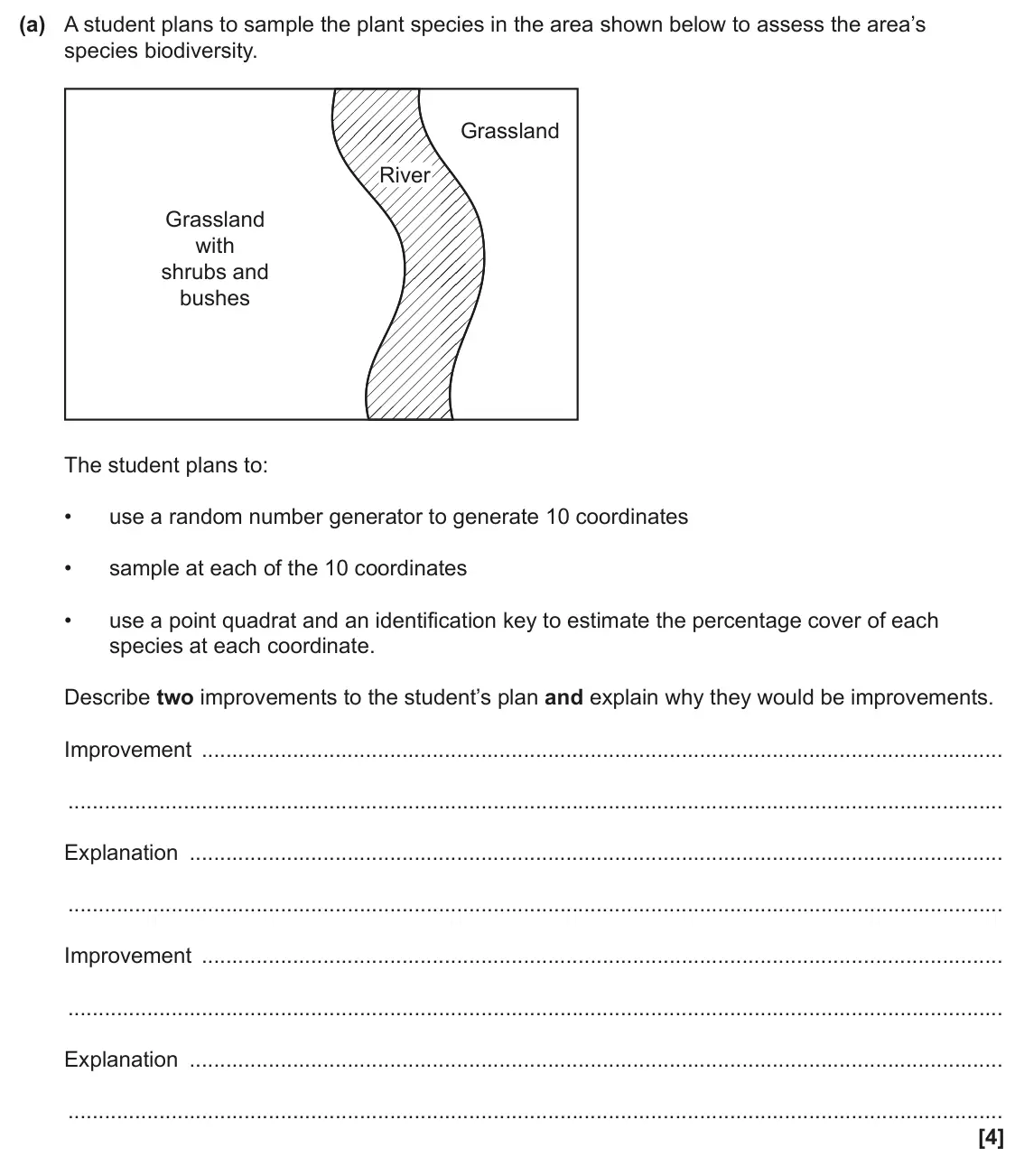 June 2024 Paper 3, question 2(a): A student plans to sample the plant species in the area shown below to assess the area’s species biodiversity. Grassland River Grassland with shrubs and bushes 