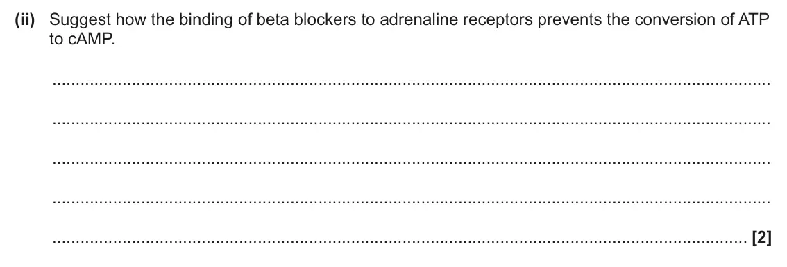 June 2025 Paper 3, question 2(a)(ii): Suggest how the binding of beta blockers to adrenaline receptors prevents the conversion of ATP to cAMP. [2]