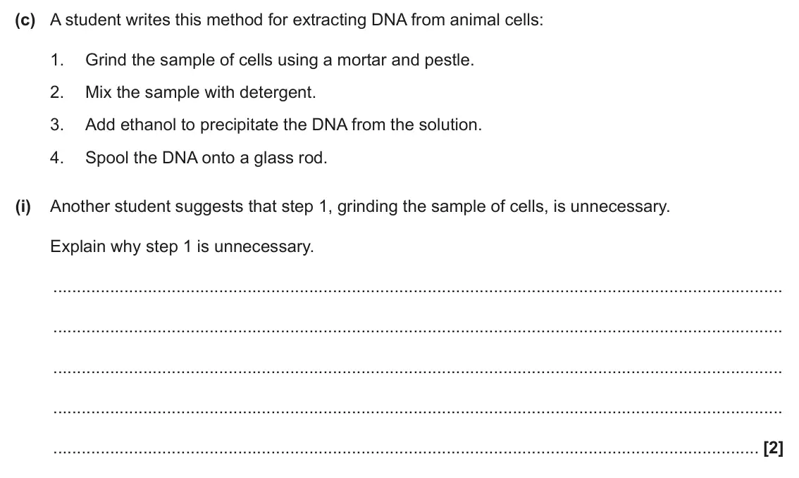 June 2025 Paper 3, question 4(c)(i): Another student suggests that step 1, grinding the sample of cells, is unnecessary. Explain why step 1 is unnecessary. [2]