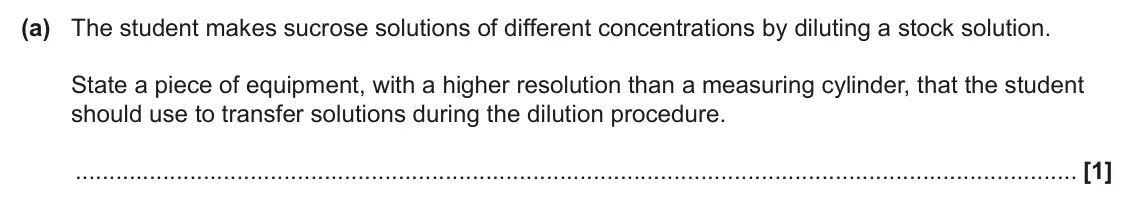 June 2025 Paper 3, question 5(a): The student makes sucrose solutions of different concentrations by diluting a stock solution. State a piece of equipment, with a higher resolution than a measur