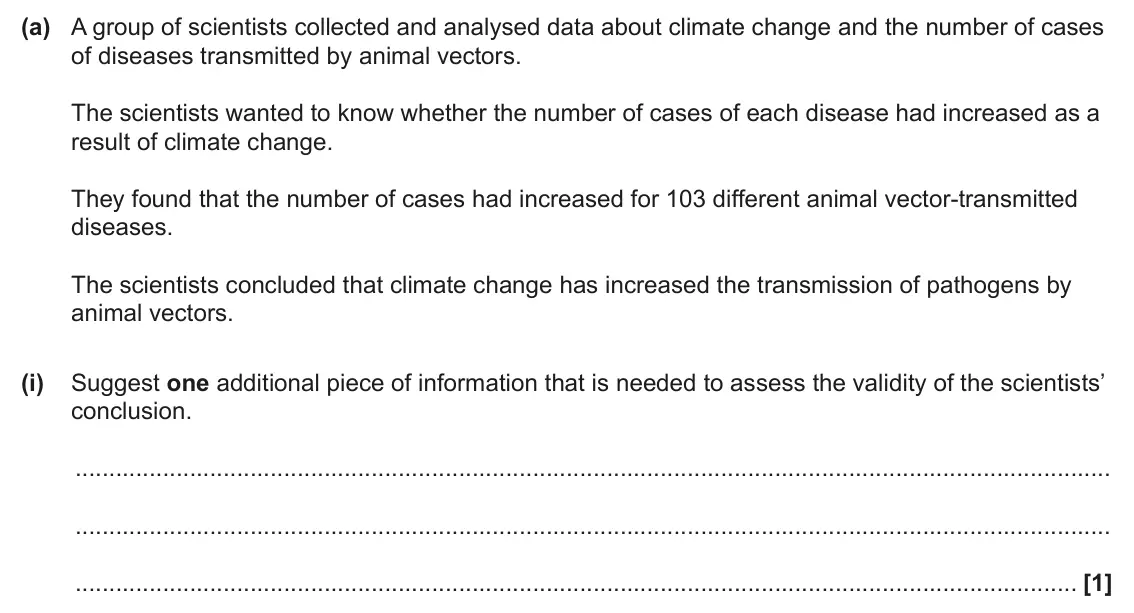 June 2025 Paper 3, question 7(a)(i): Suggest one additional piece of information that is needed to assess the validity of the scientists’ conclusion. [1]