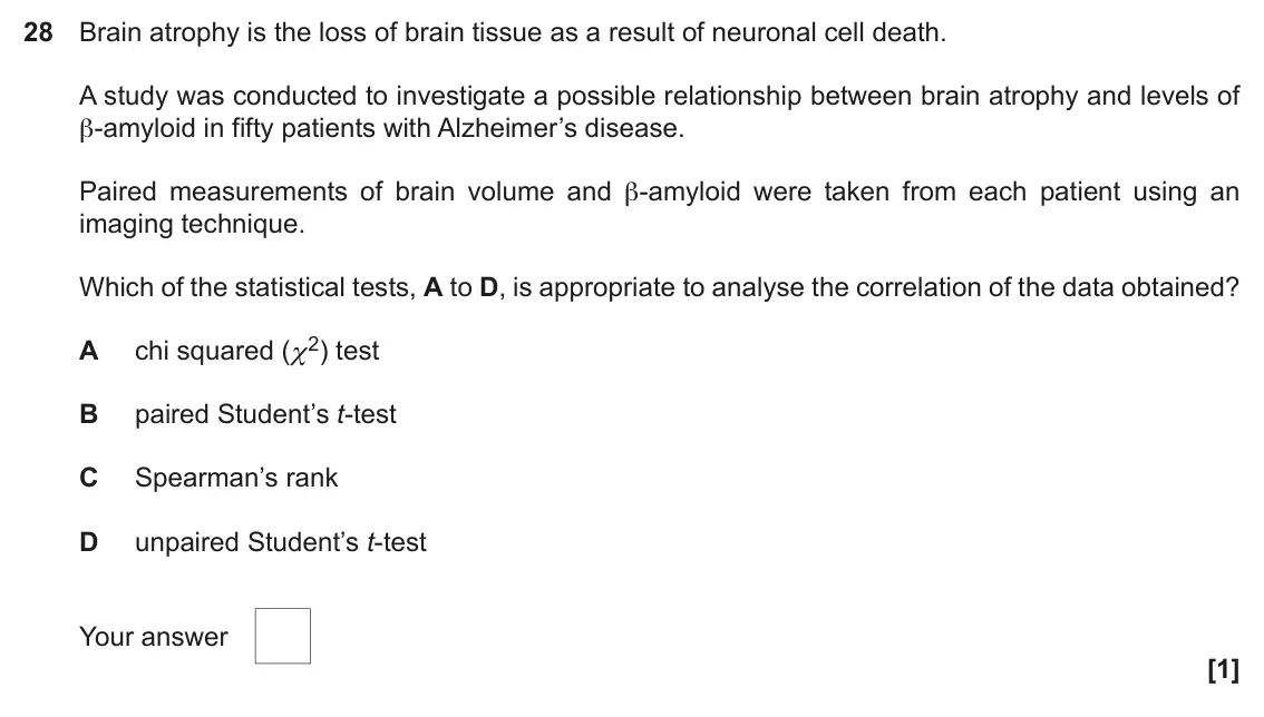 June 2019 Paper 1, question 28: Brain atrophy is the loss of brain tissue as a result of neuronal cell death. A study was conducted to investigate a possible relationship between brain atrophy