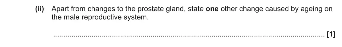 June 2022 Paper 1, question 32(c)(ii): Apart from changes to the prostate gland, state one other change caused by ageing on the male reproductive system. [1]