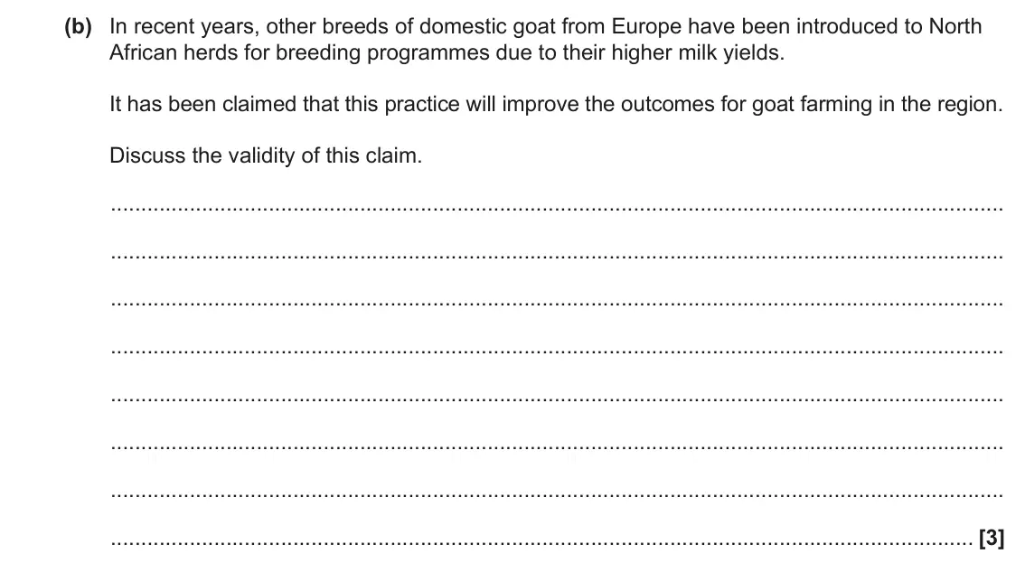 June 2023 Paper 1, question 31(b): In recent years, other breeds of domestic goat from Europe have been introduced to North African herds for breeding programmes due to their higher milk yields.