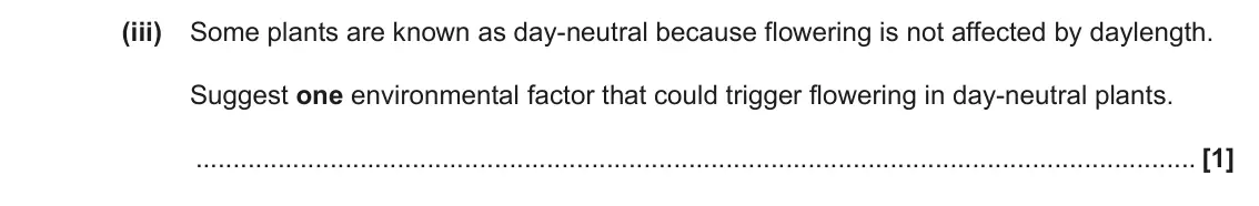 June 2023 Paper 1, question 33(a)(iii): Some plants are known as day-neutral because flowering is not affected by daylength. Suggest one environmental factor that could trigger flowering in day-neutra