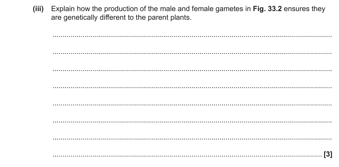 June 2023 Paper 1, question 33(b)(iii): Explain how the production of the male and female gametes in Fig. 33.2 ensures they are genetically different to the parent plants. [3]