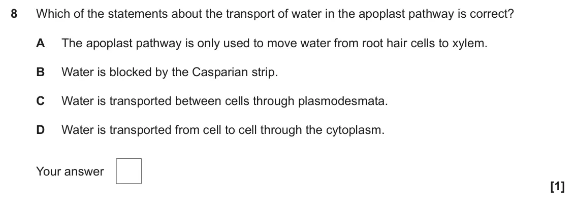 June 2024 Paper 1, question 8: Which of the statements about the transport of water in the apoplast pathway is correct? A The apoplast pathway is only used to move water from root hair cells 