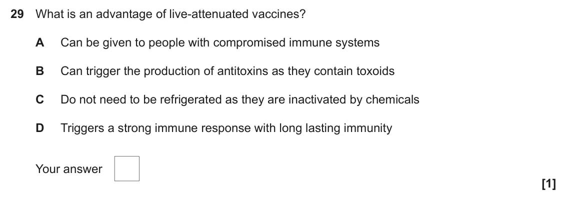 June 2024 Paper 1, question 29: What is an advantage of live-attenuated vaccines? A Can be given to people with compromised immune systems B Can trigger the production of antitoxins as they co