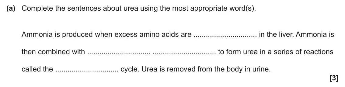 June 2024 Paper 1, question 31(a): Complete the sentences about urea using the most appropriate word(s). Ammonia is produced when excess amino acids are in the liver. Ammonia is then combined wit
