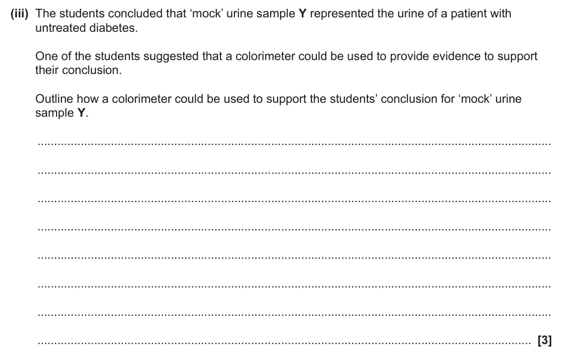 June 2024 Paper 1, question 31(b)(iii): The students concluded that ‘mock’ urine sample Y represented the urine of a patient with untreated diabetes. One of the students suggested that a colorimeter c