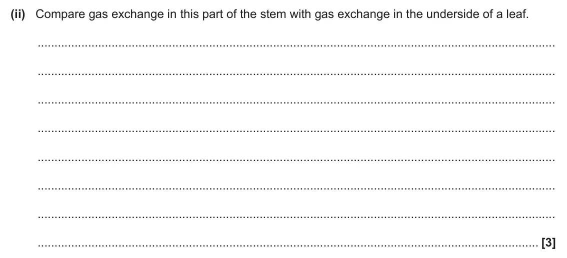 June 2024 Paper 1, question 33(a)(ii): Compare gas exchange in this part of the stem with gas exchange in the underside of a leaf. [3]