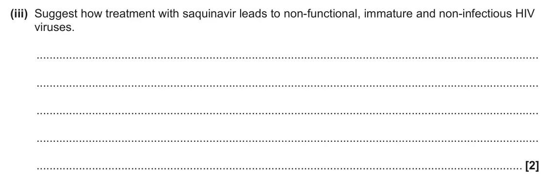 June 2024 Paper 1, question 36(b)(iii): Suggest how treatment with saquinavir leads to non-functional, immature and non-infectious HIV viruses. [2]