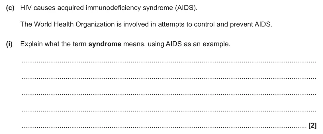 June 2024 Paper 1, question 36(c)(i): Explain what the term syndrome means, using AIDS as an example. [2]