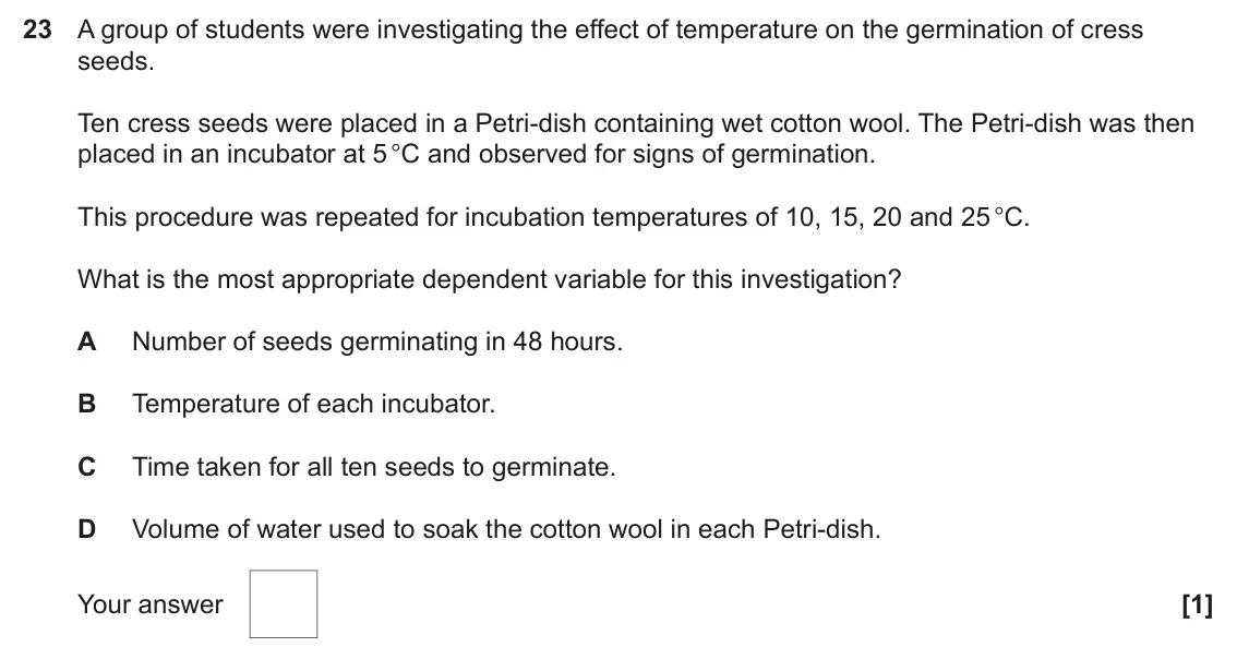 June 2025 Paper 1, question 23: A group of students were investigating the effect of temperature on the germination of cress seeds. Ten cress seeds were placed in a Petri-dish containing wet c