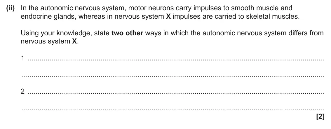 June 2025 Paper 1, question 31(b)(ii): In the autonomic nervous system, motor neurons carry impulses to smooth muscle and endocrine glands, whereas in nervous system X impulses are carried to skeleta