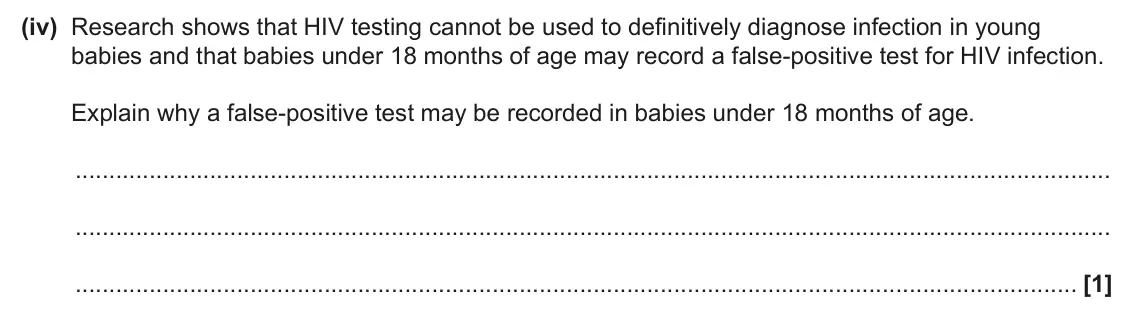June 2025 Paper 1, question 32(c)(iv): Research shows that HIV testing cannot be used to definitively diagnose infection in young babies and that babies under 18 months of age may record a false-posi