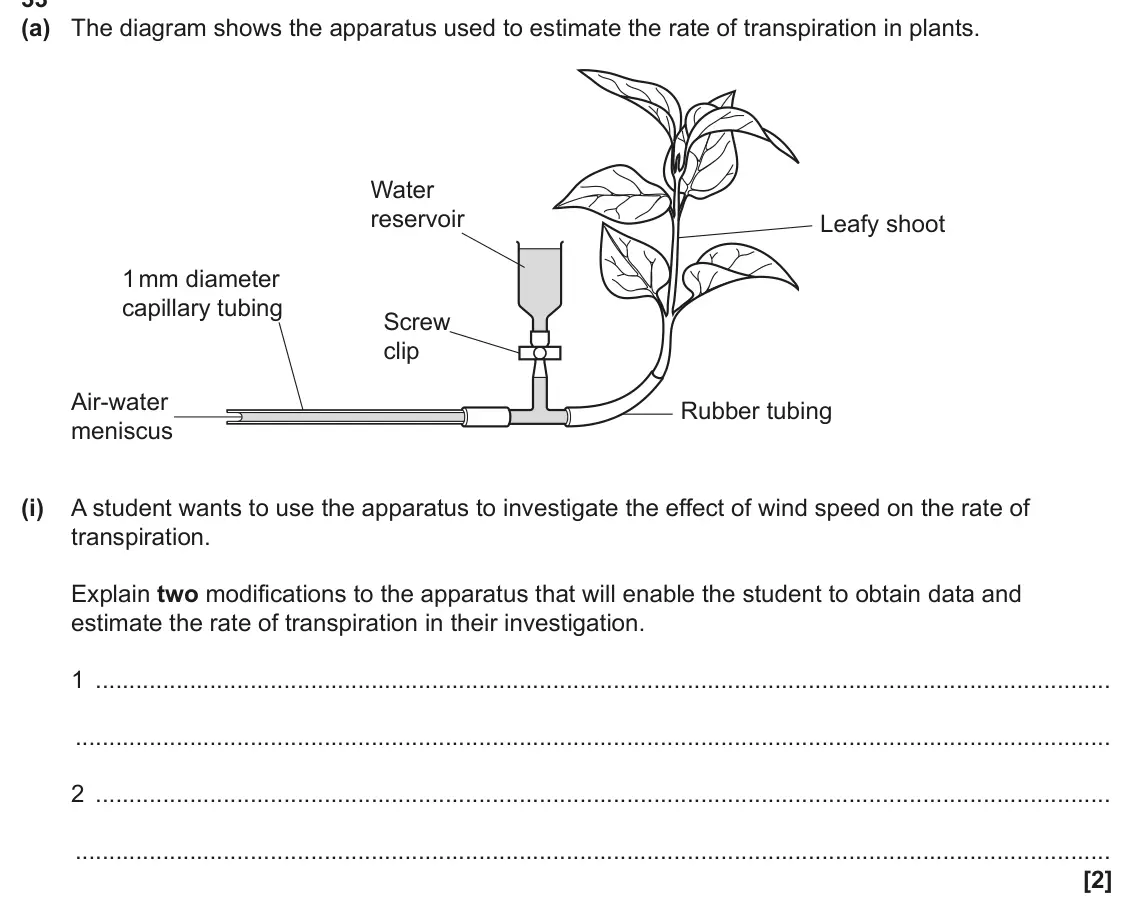 June 2025 Paper 1, question 33(a)(i): A student wants to use the apparatus to investigate the effect of wind speed on the rate of transpiration. Explain two modifications to the apparatus that will