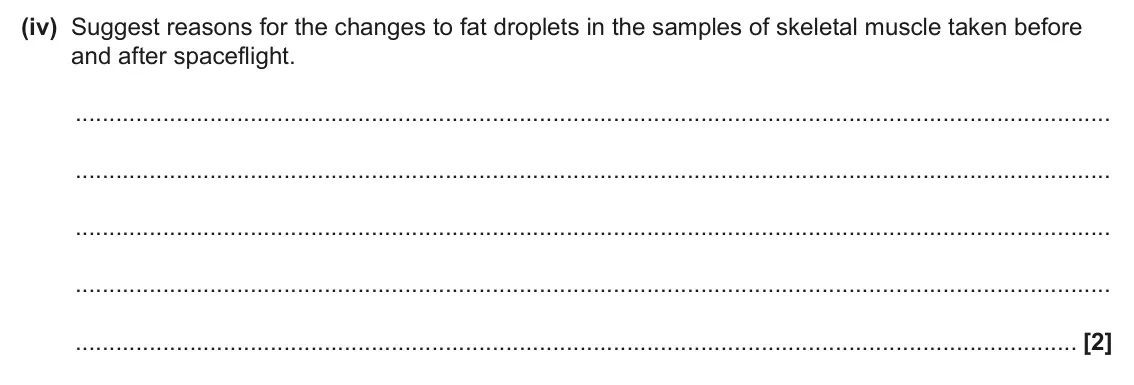 June 2025 Paper 1, question 34(a)(iv): Suggest reasons for the changes to fat droplets in the samples of skeletal muscle taken before and after spaceflight. [2]