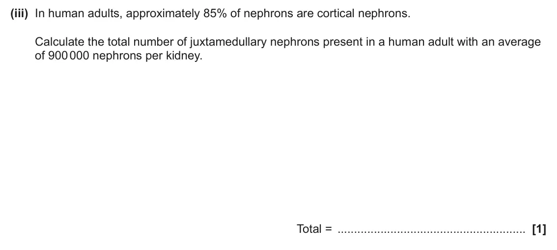 June 2025 Paper 1, question 35(a)(iii): In human adults, approximately 85% of nephrons are cortical nephrons. Calculate the total number of juxtamedullary nephrons present in a human adult with an ave