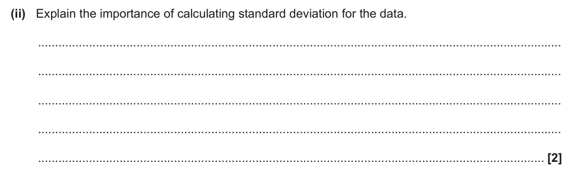 June 2025 Paper 1, question 35(b)(ii): Explain the importance of calculating standard deviation for the data. [2]
