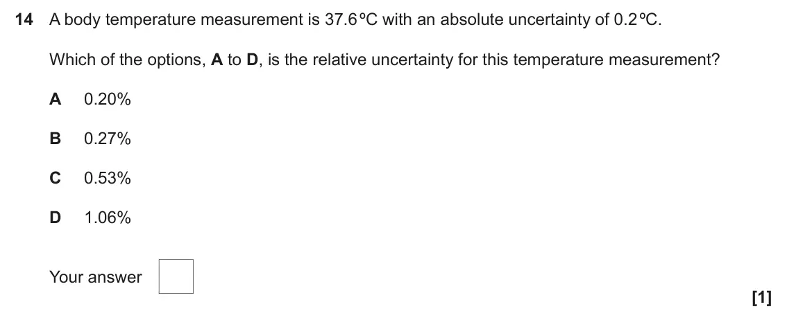November 2020 Paper 1, question 14: A body temperature measurement is 37.6 ºC with an absolute uncertainty of 0.2 ºC. Which of the options, A to D, is the relative uncertainty for this temperature