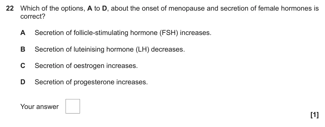 November 2021 Paper 1, question 22: Which of the options, A to D, about the onset of menopause and secretion of female hormones is correct? A Secretion of follicle-stimulating hormone (FSH) increa
