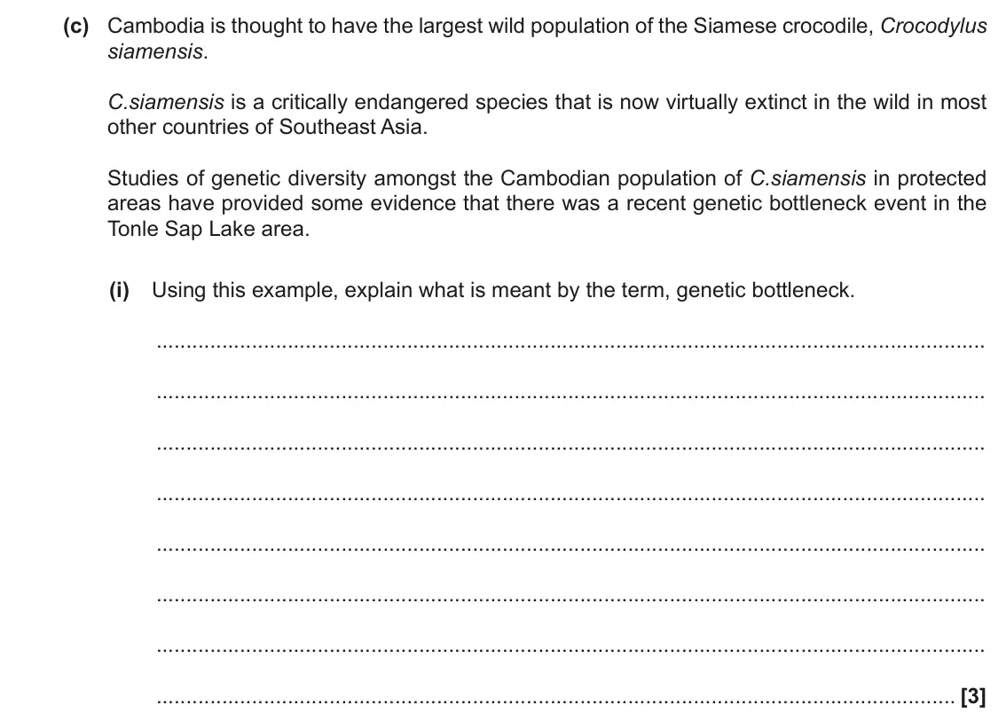 November 2021 Paper 1, question 34(c)(i): Using this example, explain what is meant by the term, genetic bottleneck. [3]