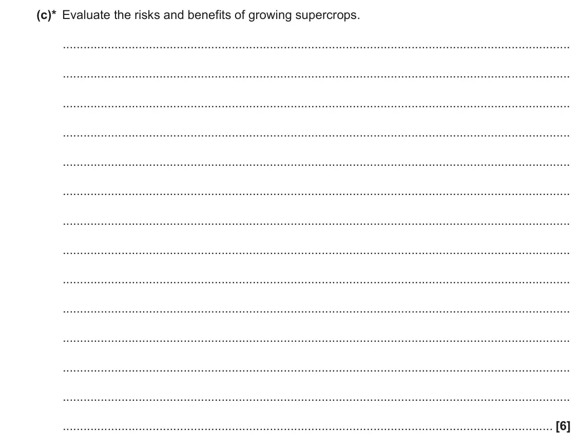 June 2017 Paper 2, question 1(c): This question is based on the Advance Notice article TURBOCHARGED PHOTOSYNTHESIS?, which is an insert. (c)* Evaluate the risks and benefits of growing supercrop