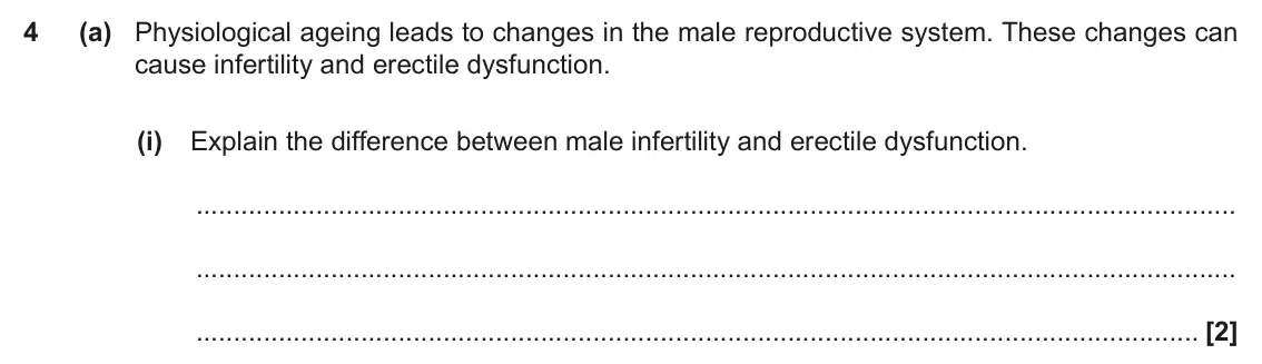 June 2018 Paper 2, question 4(a)(i): Explain the difference between male infertility and erectile dysfunction. [2]