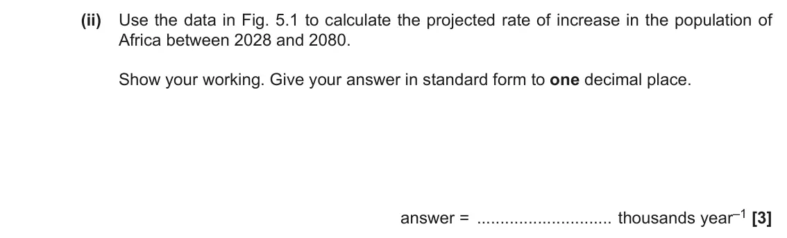 June 2018 Paper 2, question 5(a)(ii): Use the data in Fig. 5.1 to calculate the projected rate of increase in the population of Africa between 2028 and 2080. Show your working. Give your answer in s