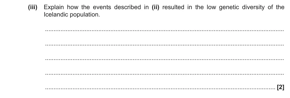 June 2019 Paper 2, question 1(a)(iii): Explain how the events described in (ii) resulted in the low genetic diversity of the Icelandic population. [2]