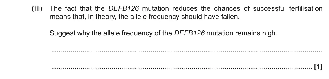 June 2019 Paper 2, question 2(d)(iii): The fact that the DEFB126 mutation reduces the chances of successful fertilisation means that, in theory, the allele frequency should have fallen. Suggest why t