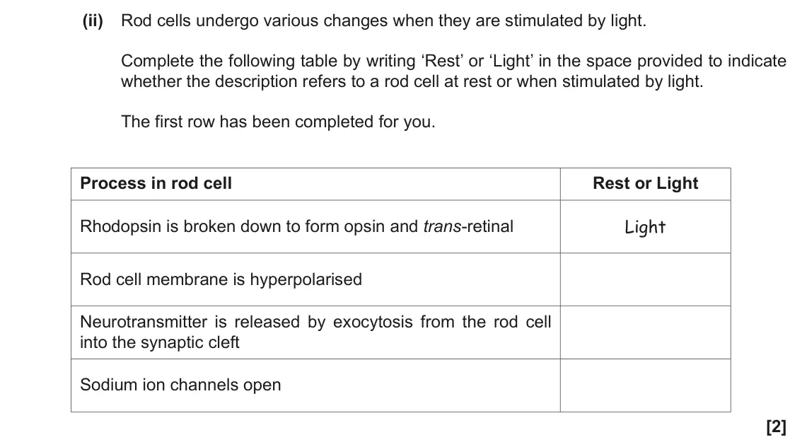 June 2019 Paper 2, question 5(b)(ii): Rod cells undergo various changes when they are stimulated by light. Complete the following table by writing ‘Rest’ or ‘Light’ in the space provided to indicate