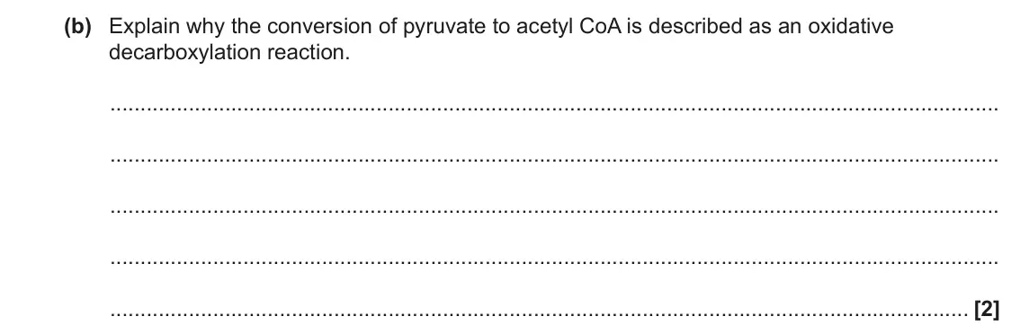 June 2022 Paper 2, question 1(b): Explain why the conversion of pyruvate to acetyl CoA is described as an oxidative decarboxylation reaction. [2]